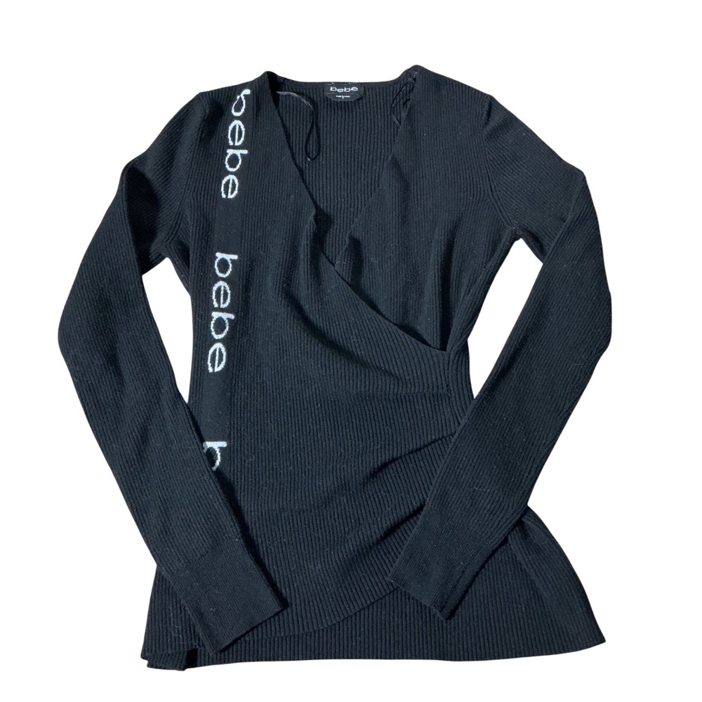 Bebe Logomania Y2K Ribbed Wrap Top Womens M Black Long Sleeve Graphic V-Neck